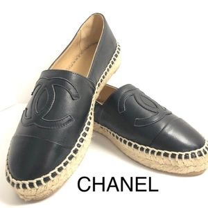 Chanel Black Espadrilles Lambskin Leather Cc Cap Double Flats 9